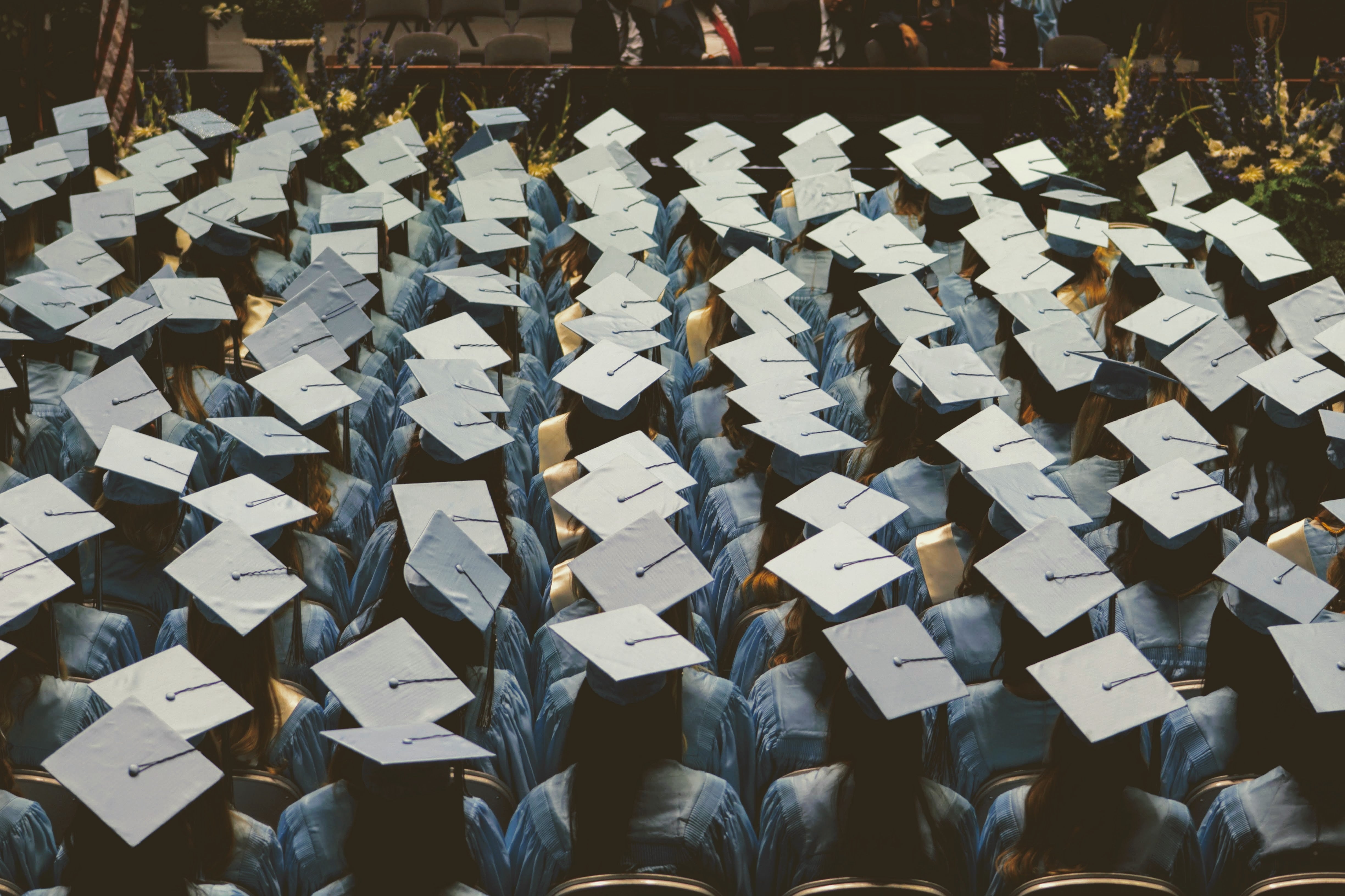 aerial view of students wearing graduation caps